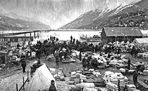 The Dyea waterfront during the Klondike Gold Rush.