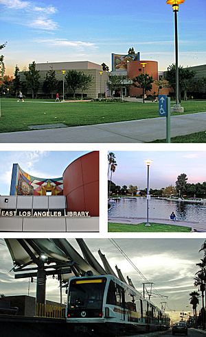 Images, from top and left to right: East LA Public Library, Civic Center Park, Atlantic L Line Station
