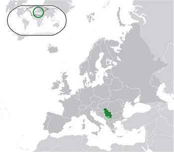 Location of Serbia (green) and the de facto independent Kosovo (light green) in Europe (dark grey).