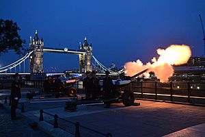 Members of the Honourable Artillery Company firing their guns at the Tower of London