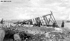 Men shifting a beacon at Point Fanny on Boston Island, South Australia - State Library of South Australia PRG 280-1-1-93