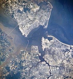 Newport News, Hampton, Portsmouth and Norfolk. Hampton is at the top center.