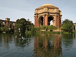 The Palace of Fine Arts, a replica of the one built for the Panama–Pacific International Exposition, is a landmark of the Marina District.