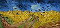  An expansive painting of a wheatfield, with a footpath going through the centre underneath dark and forbidding skies, through which a flock of black crows fly.