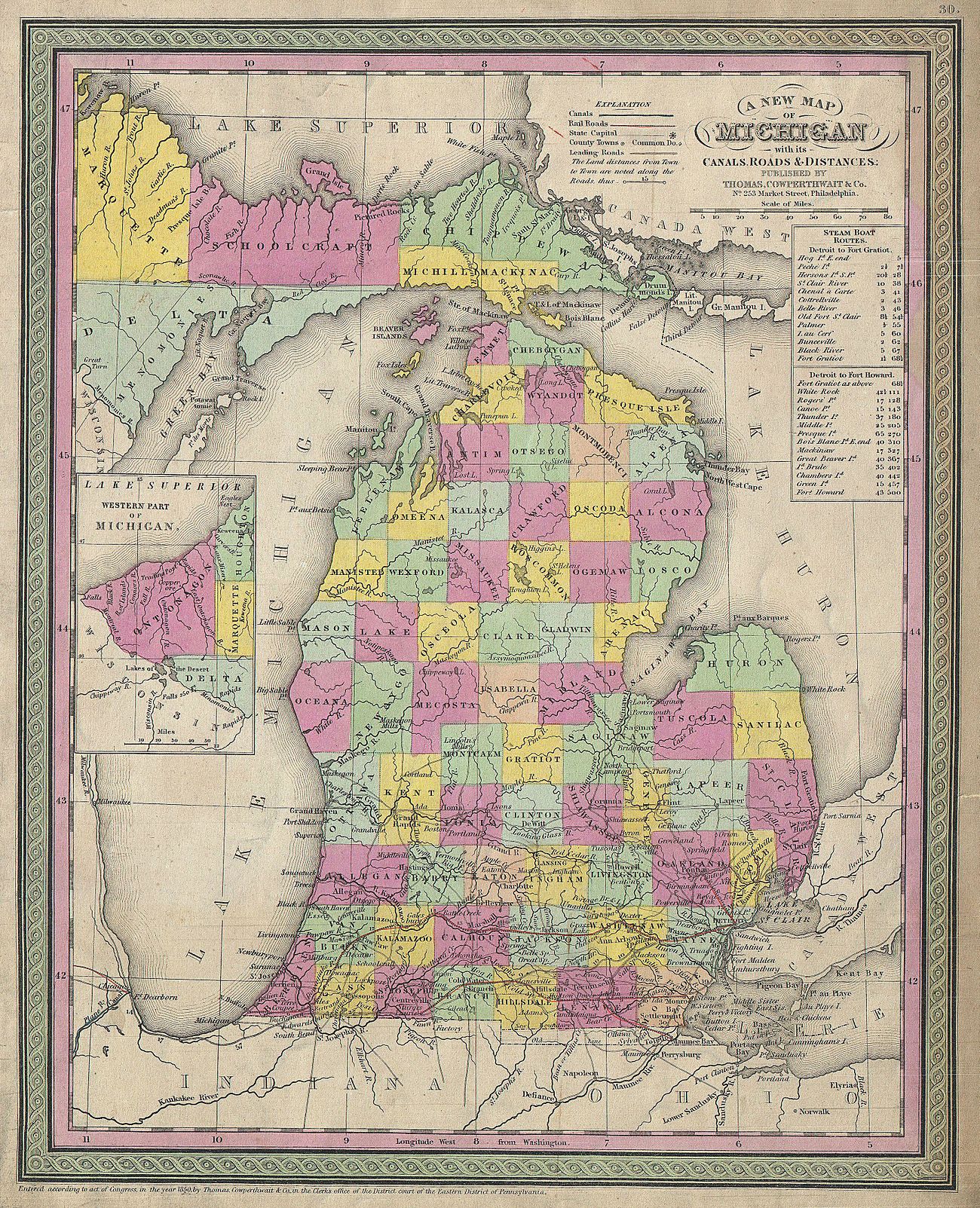 As settlers arrived between 1840 and 1853, the state broke up the single Michilimackinac County and established platted counties across Northern Michigan. This 1853 map by S. A. Mitchell shows an improved understanding of the contours and inland lakes and streams of Northern Michigan based on recent land surveys.