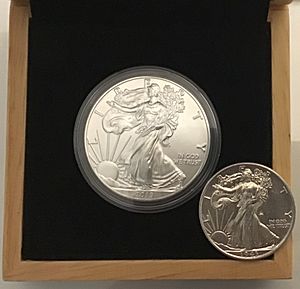 2019 American Silver Eagle and 1943 Walking Liberty Half dollar side by side