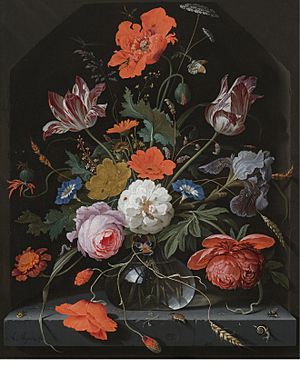 Abraham Mignon - Still life with peonies, roses, parrot tulips, morning glory, an iris and poppies in a glass vase set within a stone niche and caterpillars, a snail, a bee and a cockchafer on the ledge below