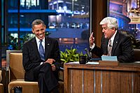 Barack Obama and Jay Leno during a taping of "The Tonight Show"