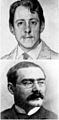 composite image of two photographs of two younger men, the first has a pencil moustache and is looking into the camera; the second has a large moustache and spectacles and is seen in semi-profile from his right