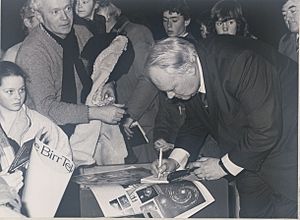 Dr. Patrick Moore signing his book "The Astronomy of Birr Castle" at NIHE - 1985