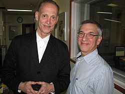 Historian Jon Wiener (right) with film director and comedian John Waters after the political podcast Start Making Sense