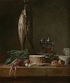 Jean-Siméon Chardin (French - Still Life with Fish, Vegetables, Gougères, Pots, and Cruets on a Table - Google Art Project