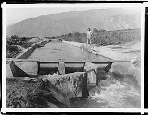 Main irrigation ditch in the San Gabriel Canyon, ca.1900 (CHS-1365)