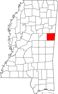 Map of Mississippi highlighting Noxubee County