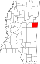 State map highlighting Noxubee County