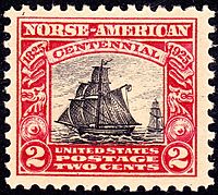 A bicolor two cent postage stamp, showing  a 19th century sailing ship