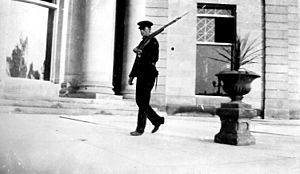 Soldier from the 19th Lincoln Regiment on guard at the Toronto Power Plant Building