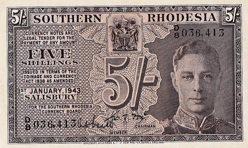 Southern Rhodesia 5s 1943 Obverse