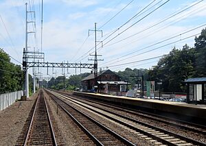 Southport station eastbound platform from westbound train, July 2019