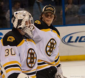 Tim Thomas and Tuukka Rask (Boston Bruins goaltenders) during a February 22, 2012 away game against the St. Louis Blues at the Scottrade Center in St. Louis (6832101240) (2)