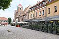 View of the Kaunas Town Hall Square with the Kaunas Cathedral Basilica and restaurants terraces in 2023