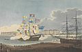 West India Docks. View of the Opening of the Grand Dock with - the Henry Addington - decorated with the colours of all Nations - 27 August 1802, and the Echo RMG PW7697 (cropped)