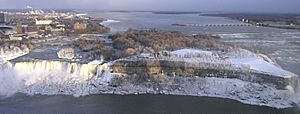 American Falls and Goat Island in winter from Skylon Tower