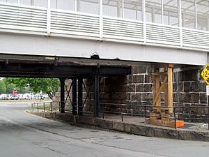Damage to pedestrian bridge at Beverly station garage, May 2017
