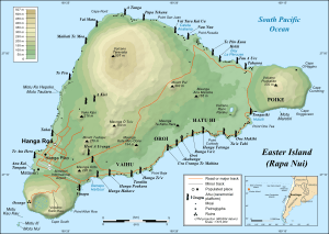 Easter Island, map showing Hanga Roa, Terevaka, Rano Kau, and Mataveri International Airport, as well as the main tourist attractions Orongo, Rano Raraku, Ahu Tongariki and Anakena.