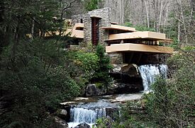 Fallingwater, a house in Stewart Township, Pennsylvania, as seen from the bottom of a nearby waterfall