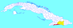 Guamá municipality (red) within  Santiago Province (yellow) and Cuba