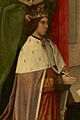 Hugo van der Goes - The Trinity Altarpiece - James III of Scotland accompanied by his son James, presented by St Andrew (cropped)
