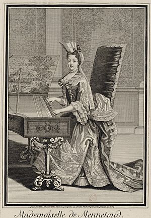 Mademoiselle de Mennetoud, assise et jouant du clavecin