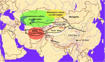 Map of Eurasia with Xiaohe, Tarim basin and ancient Silk Road routes