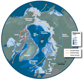 Map of the Arctic region showing the Northeast Passage, the Northern Sea Route and Northwest Passage, and bathymetry