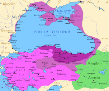 The Kingdom of Pontus at its height: before the reign of Mithridates VI (dark purple), after his early conquests (purple), and his conquests in the first Mithridatic wars (pink)