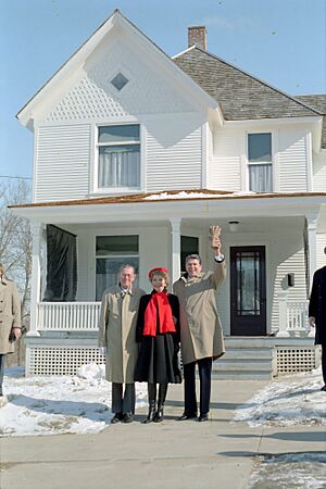 President Ronald Reagan, Nancy Reagan, and Neil Reagan Outside The Reagan Boyhood Home in Dixon, Illinois