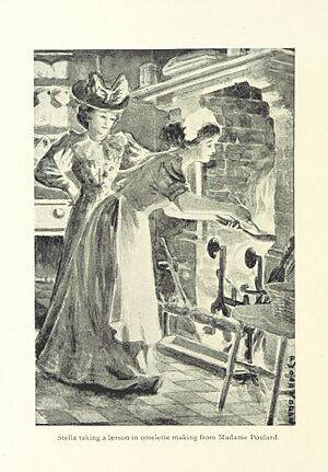 Stella taking a lesson in omelette making from Madame Poulard