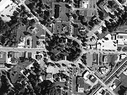 Aerial photo of the Tallmadge Circle, a traffic circle located in the center of Tallmadge