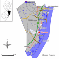 Map of Waretown highlighted within Ocean County. Inset: Location of Ocean County in New Jersey.