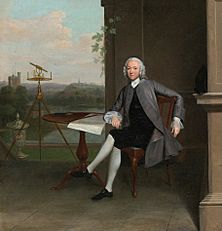 'Portrait of Jonas Hanway, Seated at a Table beside a Surveyor's Theodolite and a Classical Urn, Overlooking a Landscape' by Arthur Devis