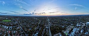 Aerial panorama of Box Hill facing west towards the Melbourne skyline