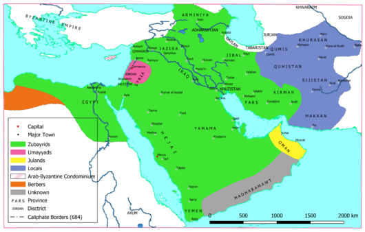Approximate map of areas under Ibn al-Zubayr's control after the death of Muawiya II