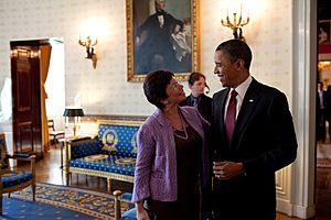 Barack Obama chats with Senior Advisor Valerie Jarrett in the Blue Room, White House, 2010