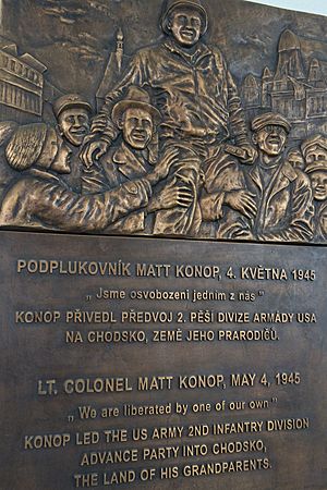 Bronze plaque celebrating Col. Konop's role in the liberation of Czechoslovakia in WWII. Hruska Bldg, Domazlice