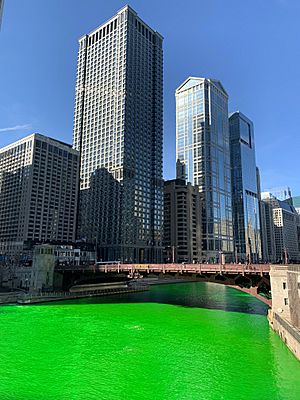 Chicago River dyed green St Patricks Day 2021