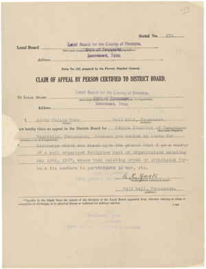 Conscientious Objector Claim of Appeal for Alvin Cullum York