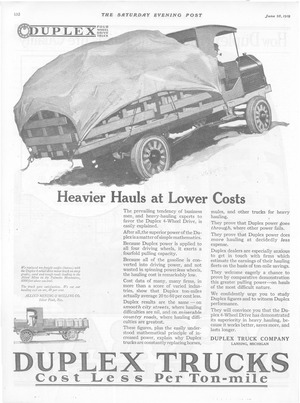 Duplex Truck Ad Mentioning Silver Peak, Nevada Saturday Evening Post 28 June 1919