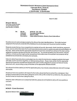 East Windsor Cyber Breach Insurance Filing