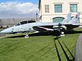 A twin-tailed jet fighter is posed on the lawn.